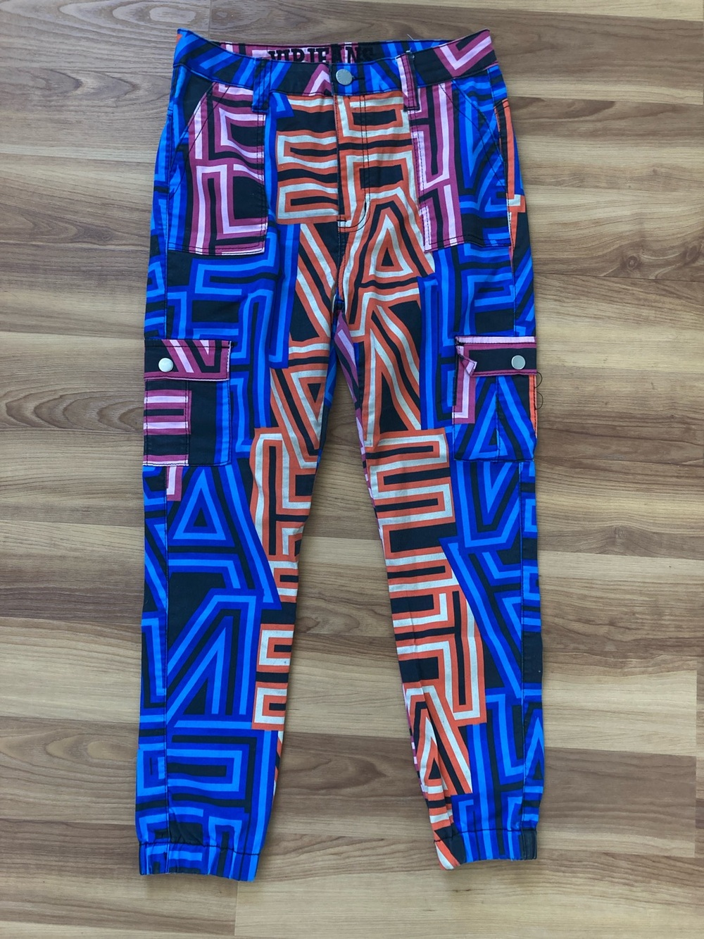 Bold Geometric Cargo Jogger Pants in Blue, Orange & Pink
